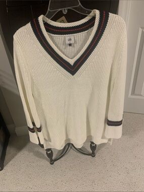 CAbi Cream V-Neck Sweater with Navy & Red Stripe Trim